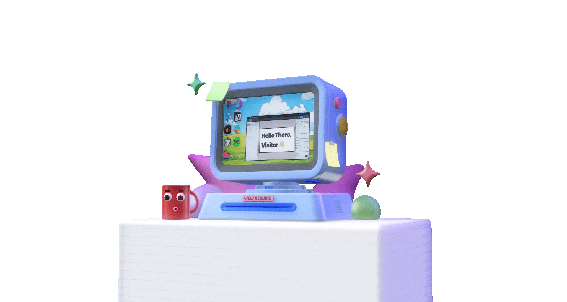 3D clay-style computer desk scene